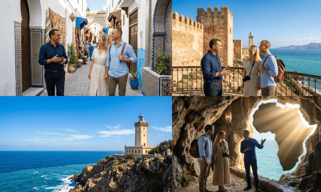 Collage of Tangier premium tours including the historic Medina, Kasbah fortress, Cap Spartel lighthouse, and Hercules Caves with a private guide.
