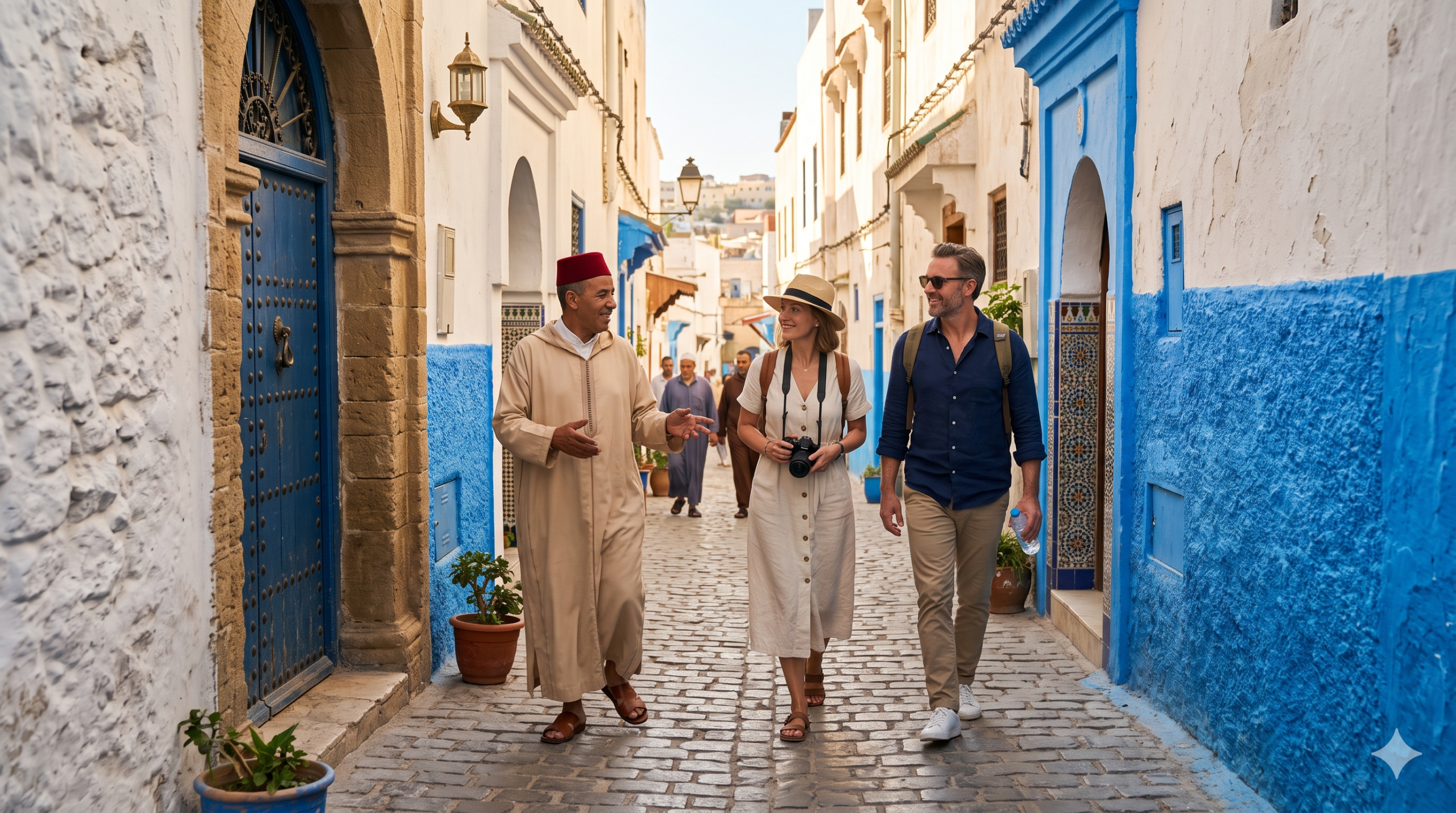 Tourists exploring the colorful historical alleys on a premium Tangier Medina walking tour