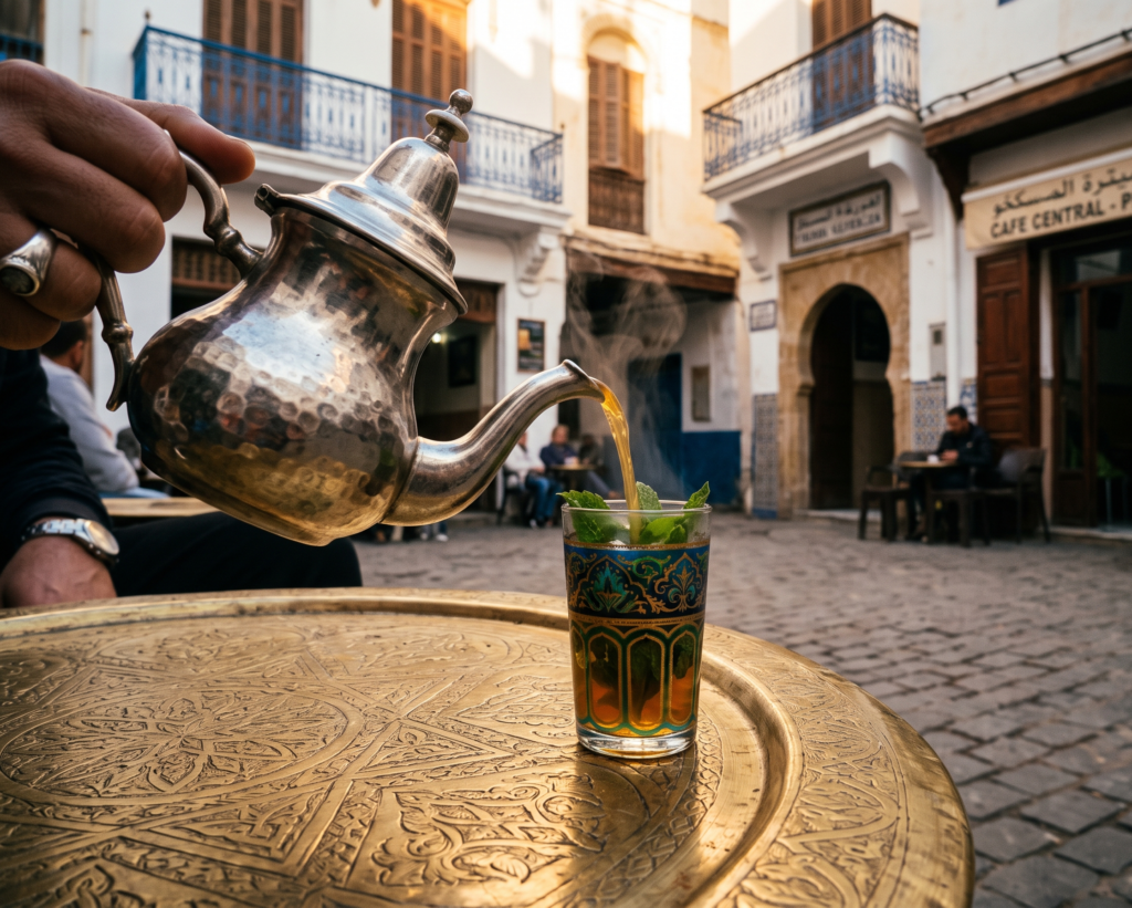 Traditional Moroccan mint tea served outside at the lively Petit Socco historic cafes in the heart of Tangier Medina.