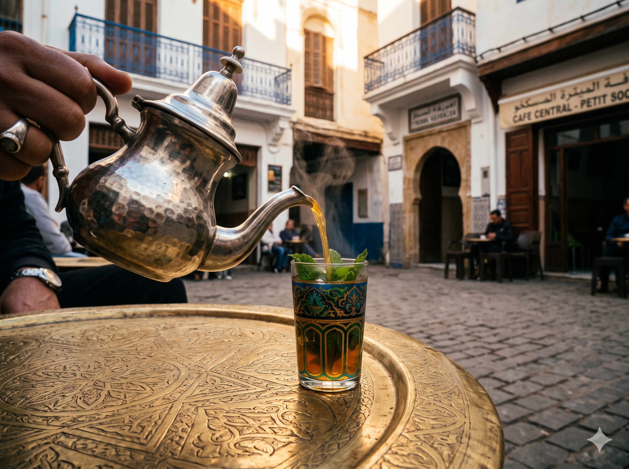 Traditional Moroccan mint tea served outside at the lively Petit Socco historic cafes in Tangier