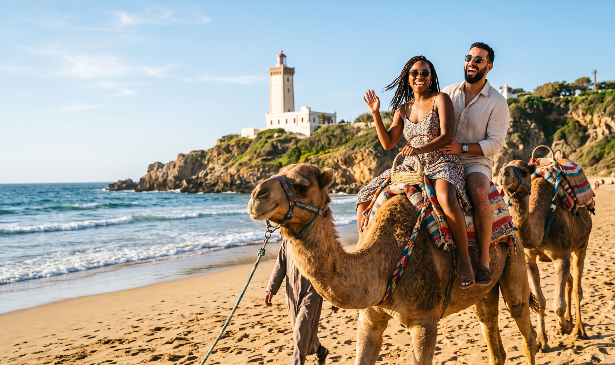 Tourists enjoying a scenic beach camel ride on a Tangier private tour