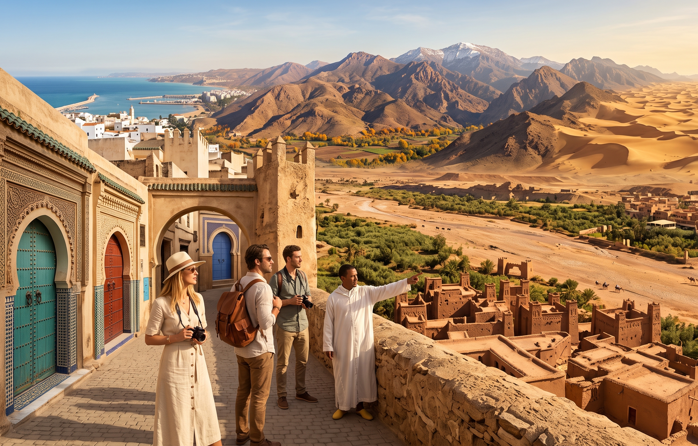 Viaje de otoño en Marruecos con arquitectura histórica y luz cálida