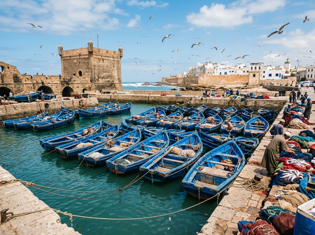 Blue fishing boats in the historic port of Essaouira Morocco