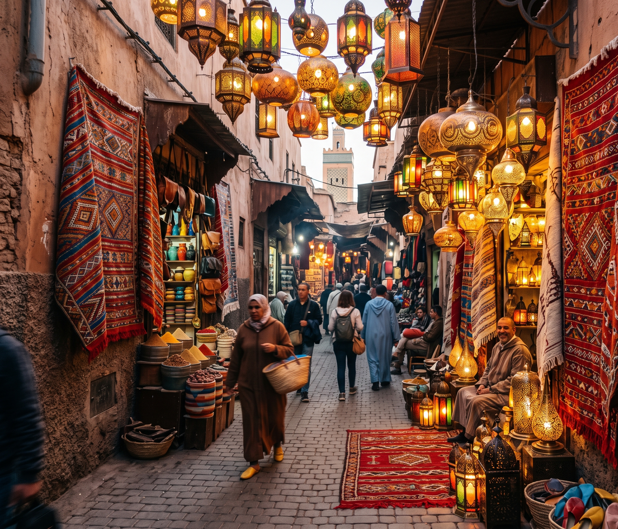 Colorful traditional souks and Moroccan lamps in Marrakech