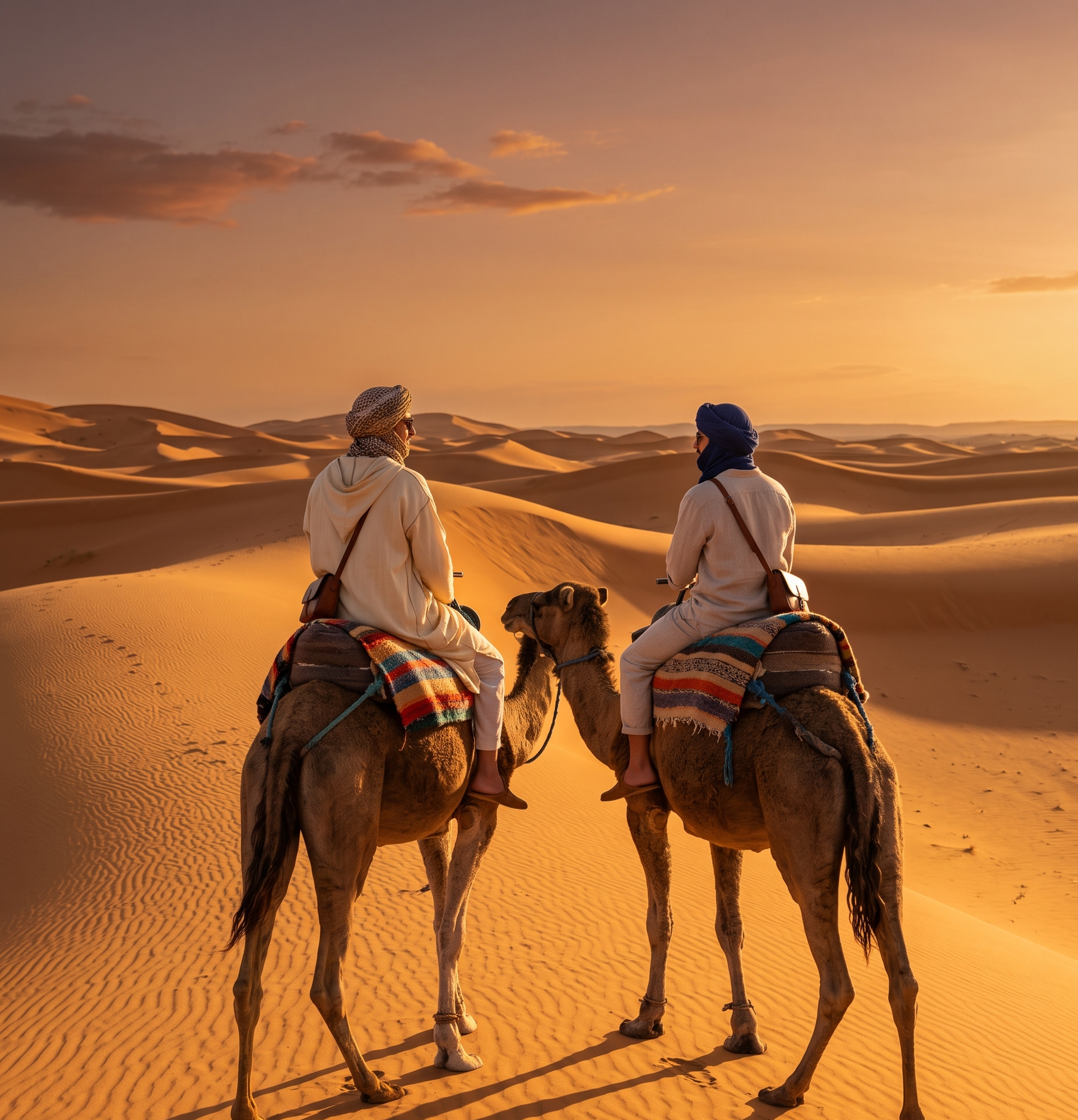Viajeros montando camellos en el desierto del Sahara en Marruecos