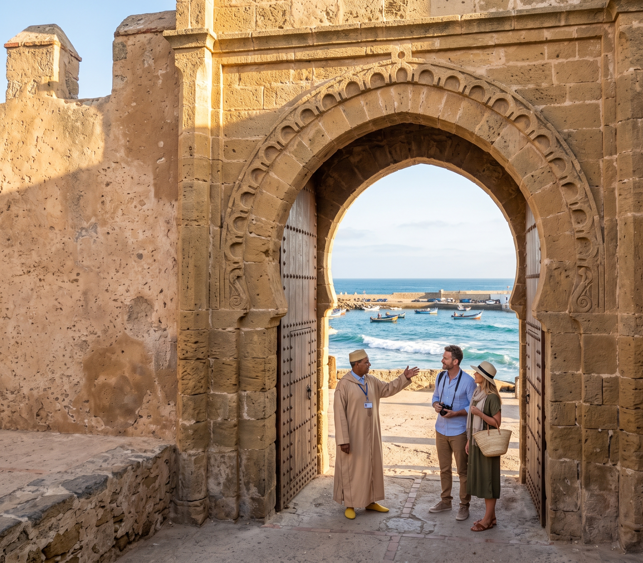 The iconic historical stone gate Bab Al-Bahr leading out to the coastal ports of Assilah Morocco