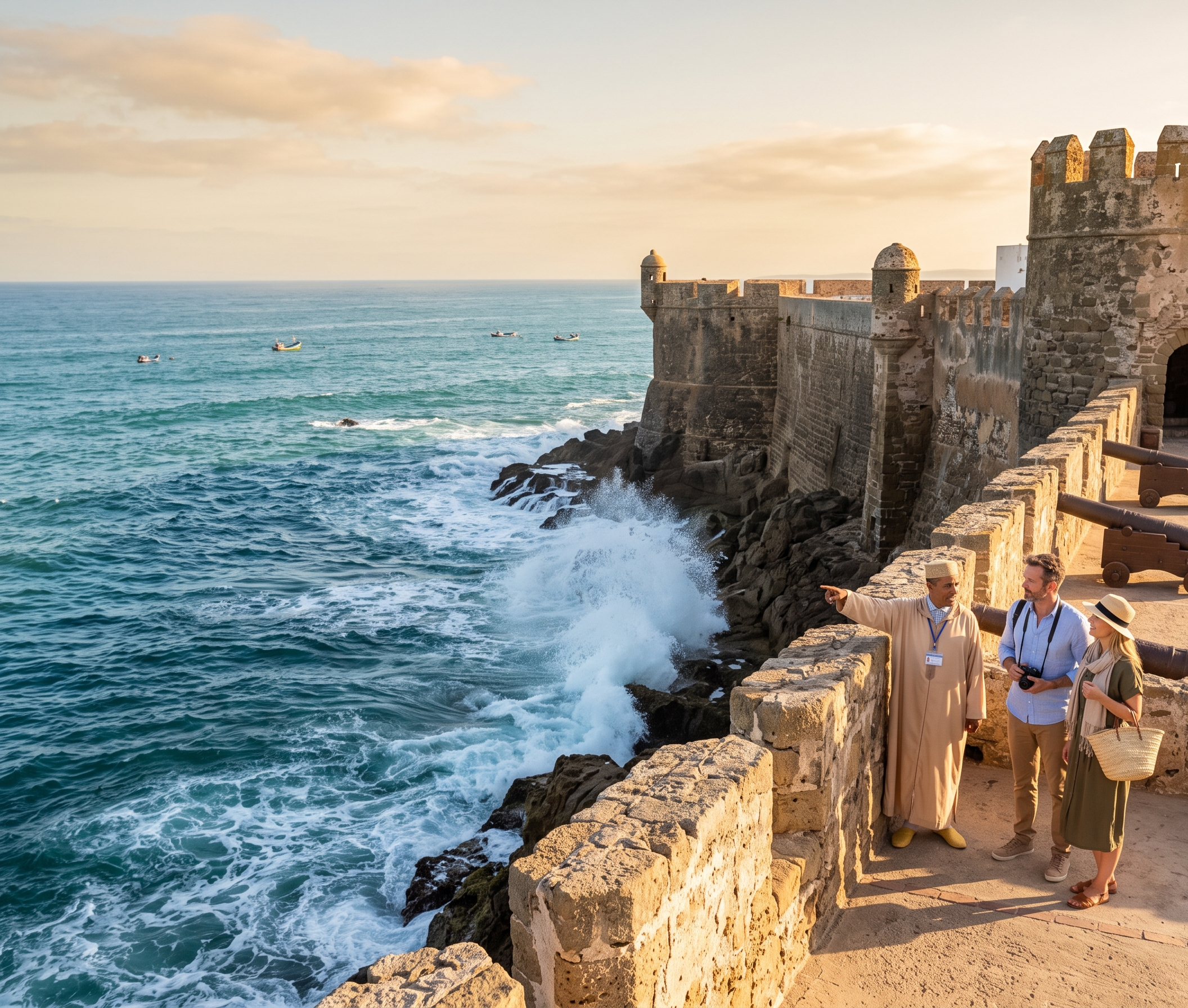 Tourists looking out at the Atlantic ocean from the ancient Portuguese ramparts during a guided Assilah private tour
