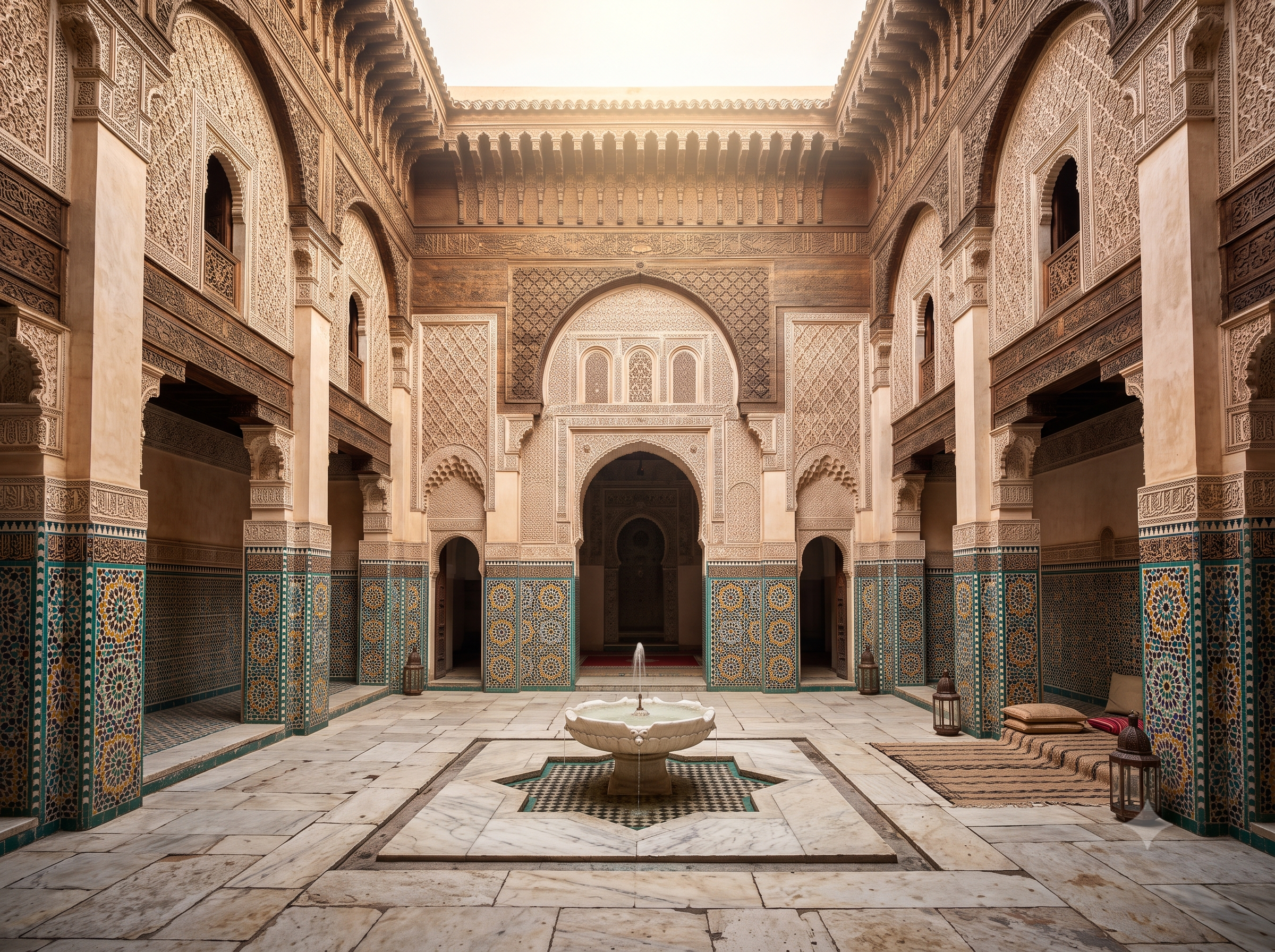 Detalles arquitectónicos de una antigua madraza en la medina de Fez