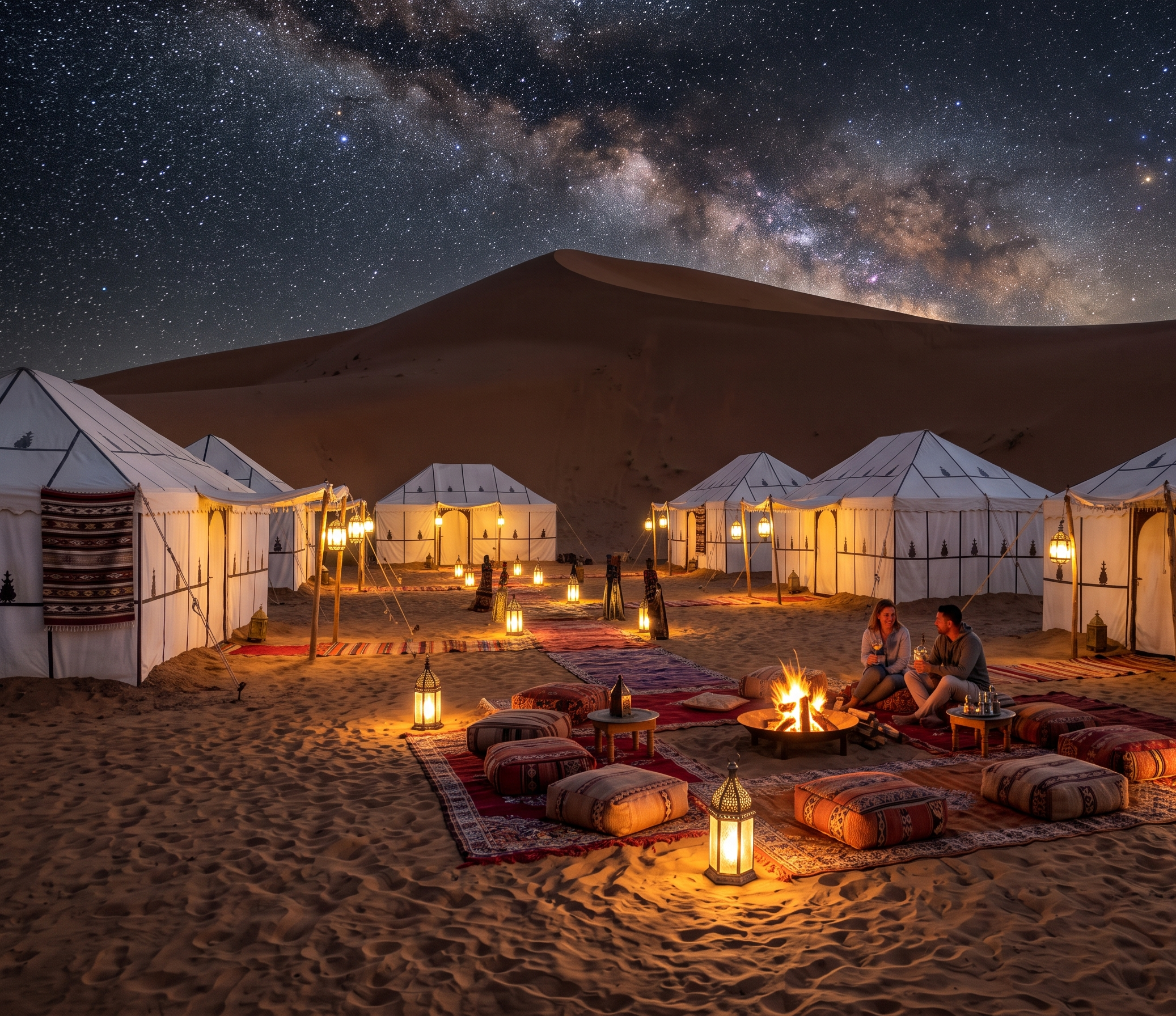Campamento de lujo en Merzouga con alfombras tradicionales y jaimas blancas en el desierto
