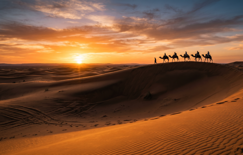 Travelers riding camels during a stunning sunset on a Morocco Desert Tour from Tangier.