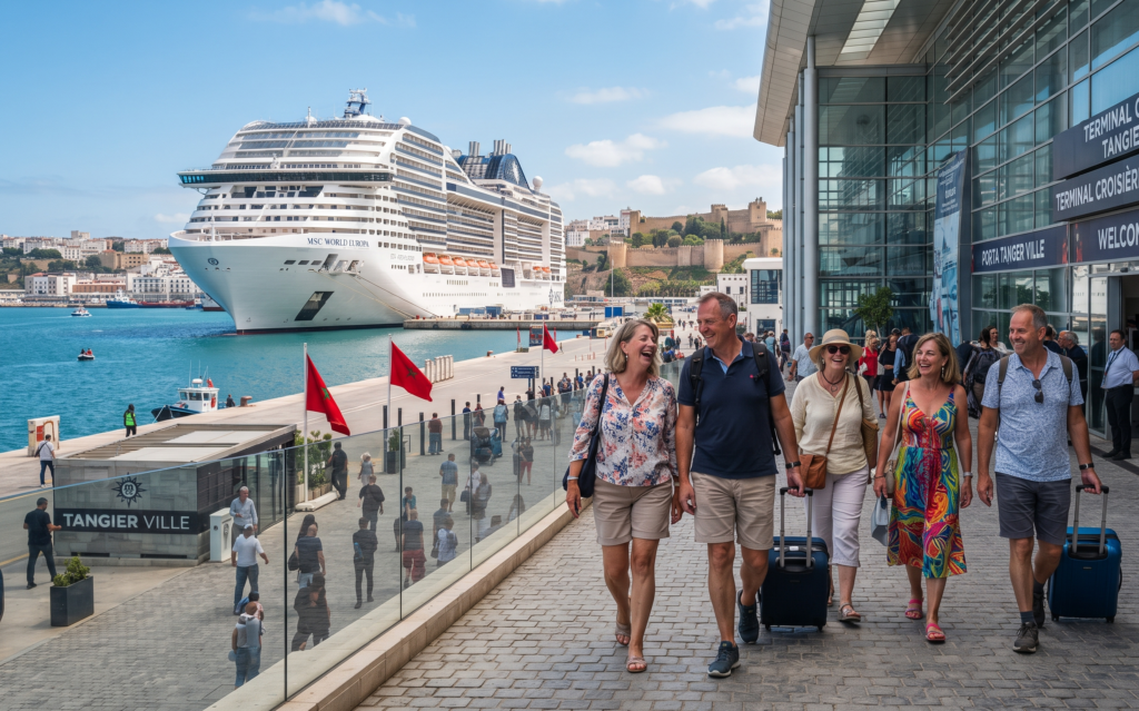Un petit groupe de passagers de croisière occidentaux sortant en toute sécurité du terminal du port de Tanger Ville.
