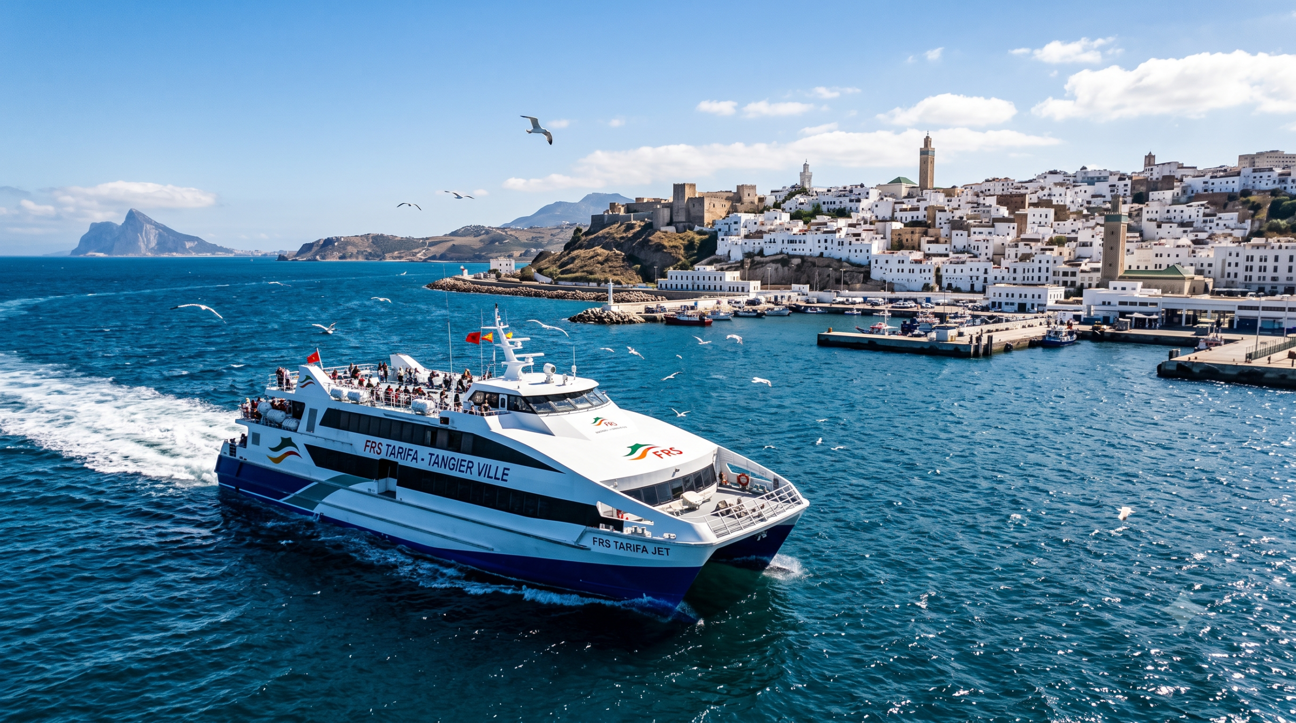 Ferry crossing the Strait of Gibraltar from Spain to Tangier Ville port in Morocco