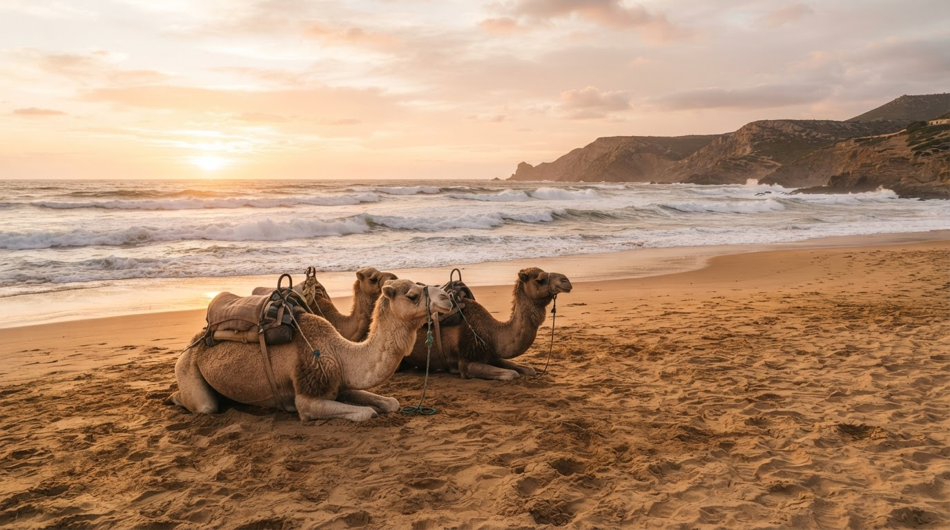 Chameaux sur le sable doré de la plage d'Achakkar près de Tanger