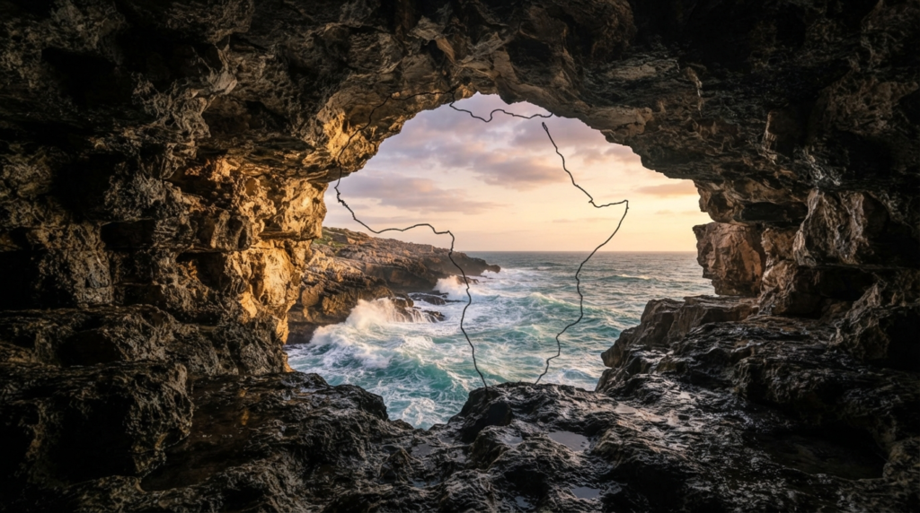 Inside the Caves of Hercules near Tangier, the sea opening shaped like the map of Africa