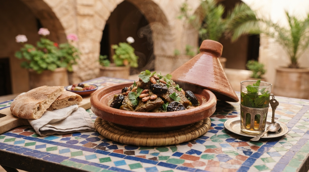Traditional Moroccan lamb tagine with prunes and almonds served with bread and mint tea
