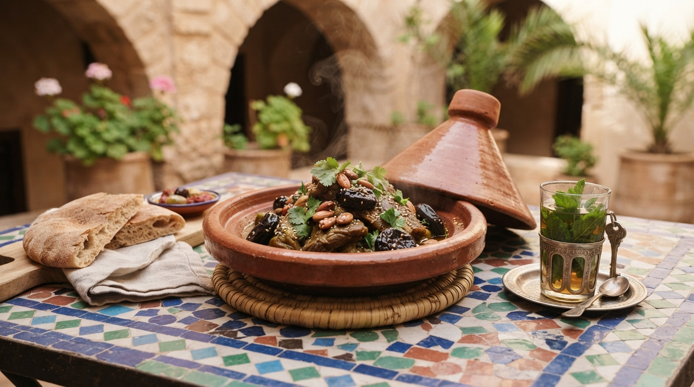 Tajine d'agneau marocain aux pruneaux et amandes servi avec du pain et du thé à la menthe