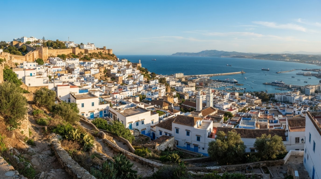 Panoramic view over the Kasbah of Tangier overlooking the Strait of Gibraltar