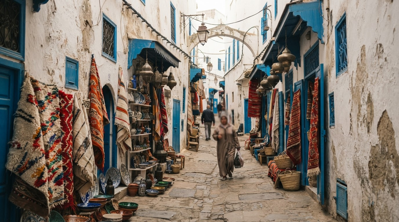 Callejón de la Medina de Tánger con alfombras y cerámica en las tiendas