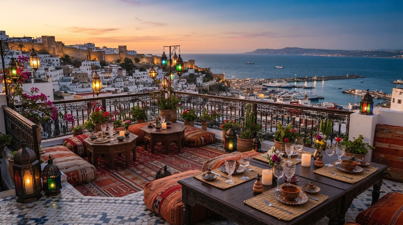 Terrasse de restaurant sur les toits de Tanger avec vue sur la mer au coucher du soleil