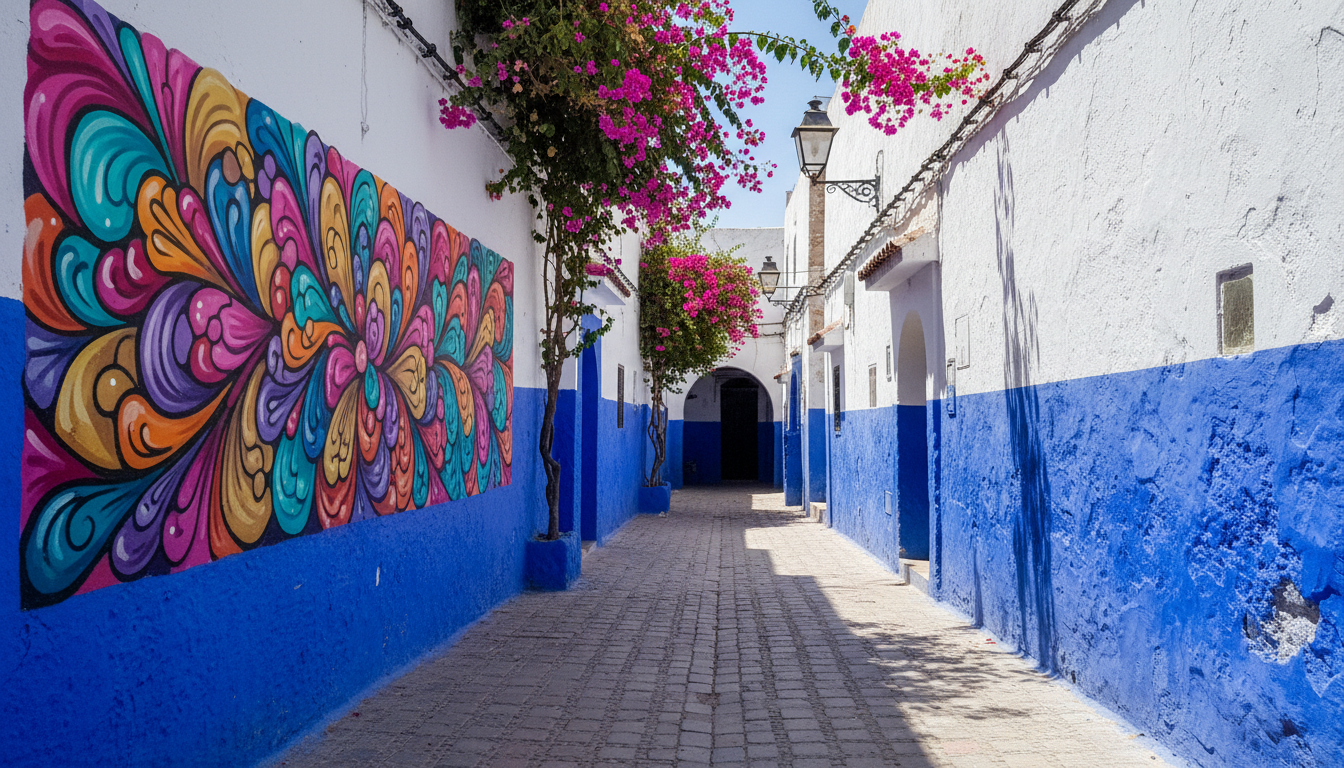 Blue and white lane in the Asilah medina with a colourful mural, a day trip from Tangier