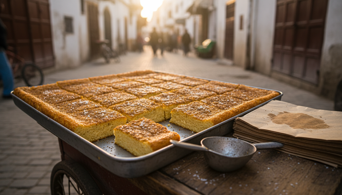Tray of calentica, the baked chickpea street food of Tangier, sold from a cart in the medina