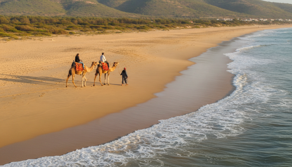Travellers on a camel ride along the Atlantic beach near Tangier during a private tour