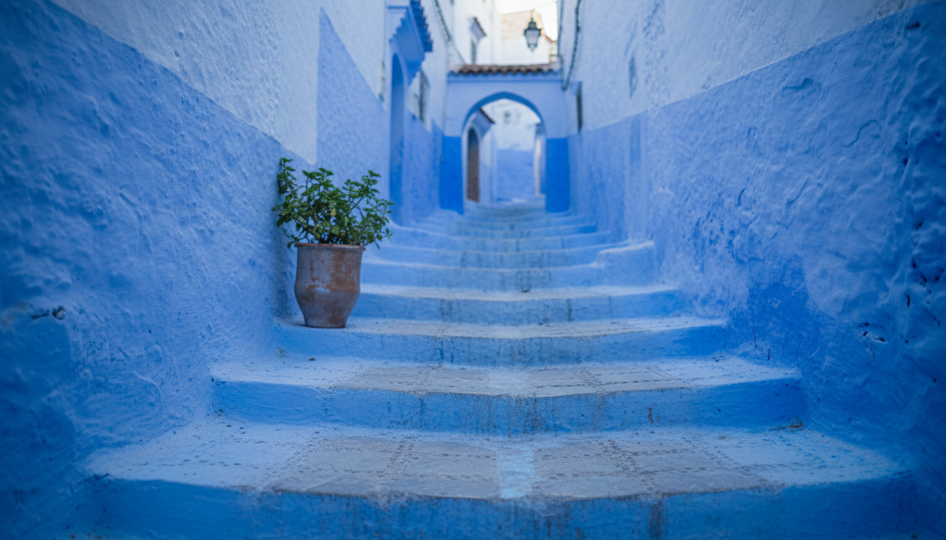 The blue medina of Chefchaouen in the early morning, a day trip from Tangier