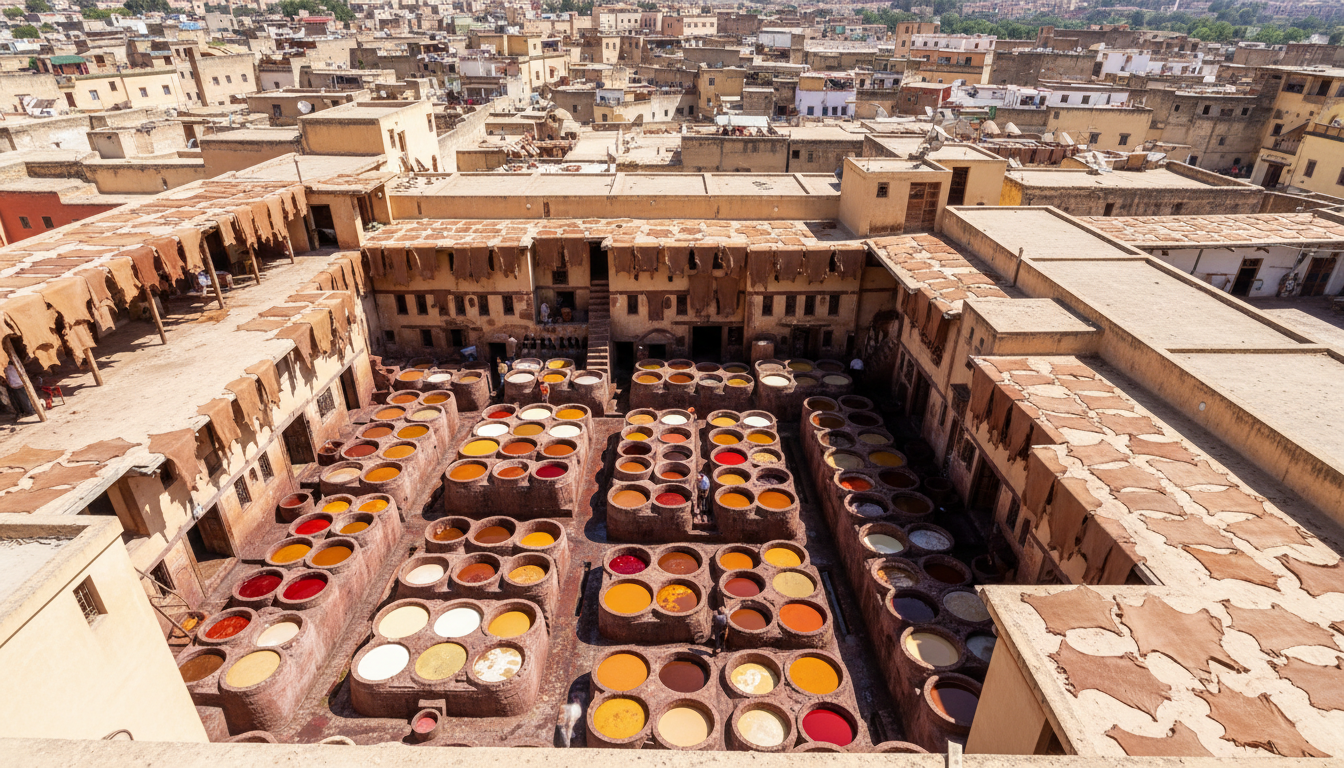 Dye vats of the Chouara tannery in Fes seen from a terrace above