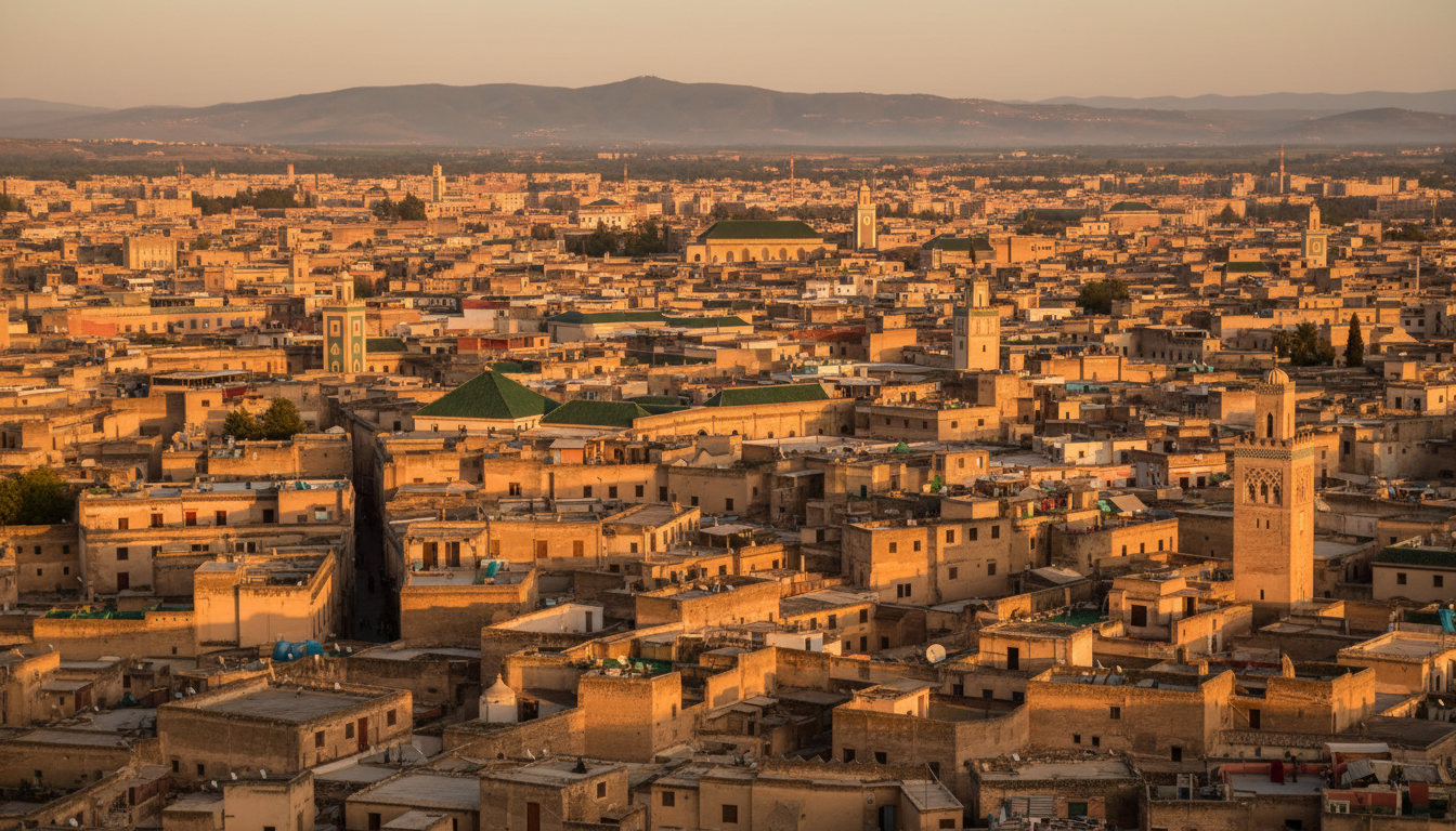Rooftops and minarets of the Fes medina at golden hour, the destination from Tangier