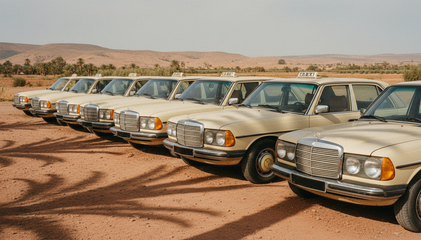 Rangée de grands taxis Mercedes crème à une station marocaine sur la route Tanger Chefchaouen