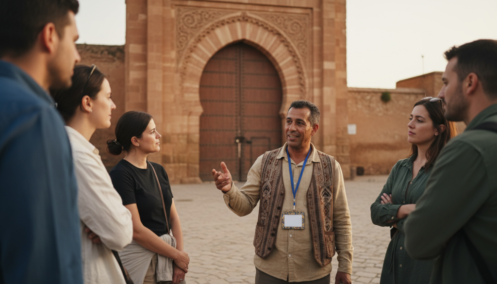 Licensed Tangier tour guide wearing an official badge while guiding a small group at a medina gate