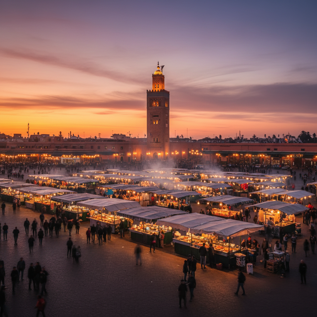 Jemaa el Fna square in Marrakech at dusk with food stalls lit up and the Koutoubia minaret behind