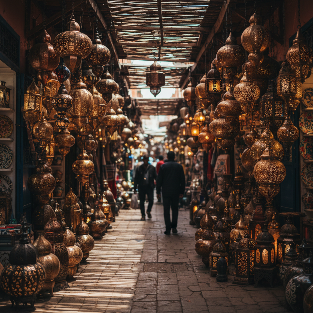 Pierced brass lanterns hanging in a covered alley of the Marrakech souk