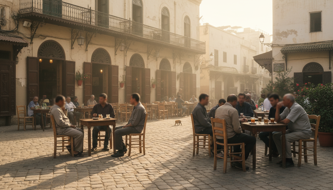Cafes on the Petit Socco square in the Tangier medina in the late afternoon