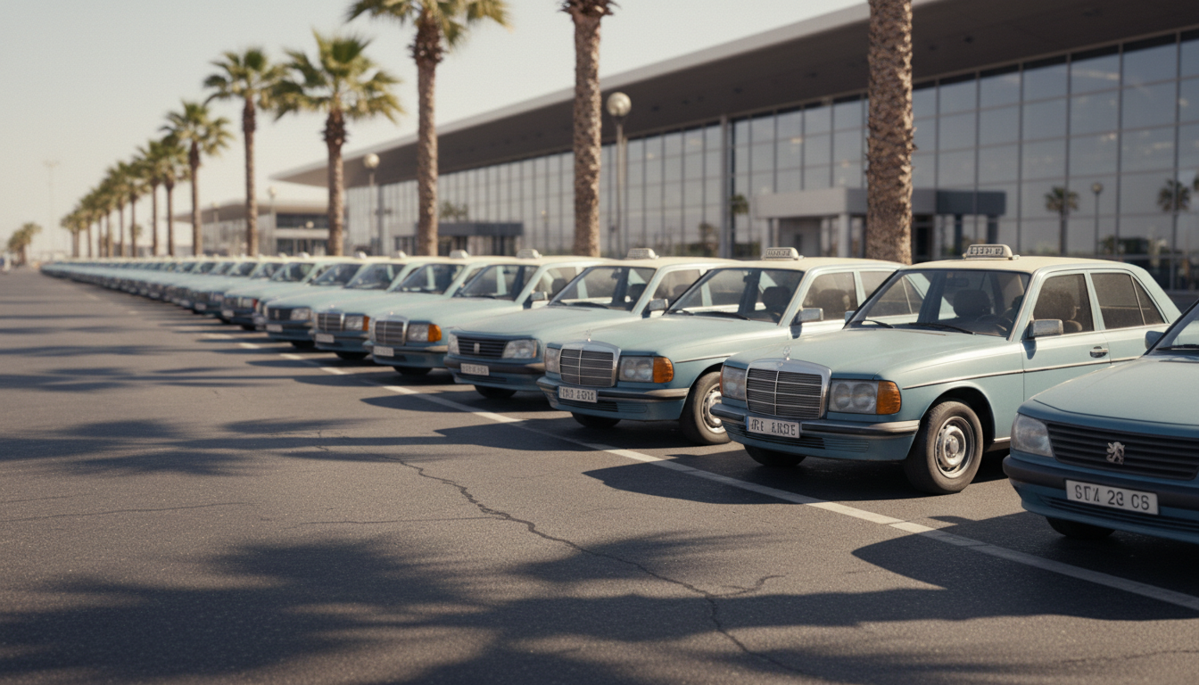 Blue and cream Moroccan taxis waiting at the Tangier airport kerbside for the ride into the city