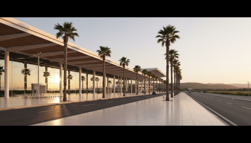 Tangier Ibn Battouta airport terminal exterior at golden hour with palm trees along the kerb