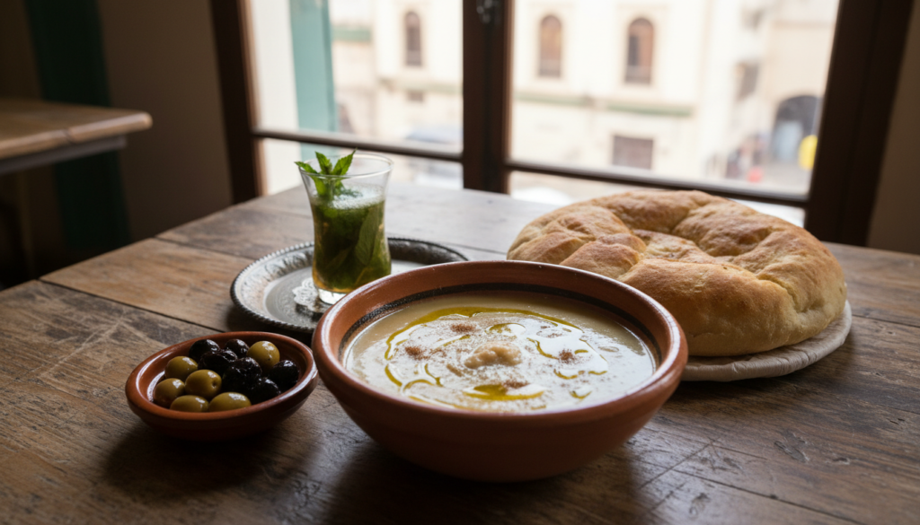 Traditional Tangier breakfast of bissara bean soup with olive oil, bread and mint tea