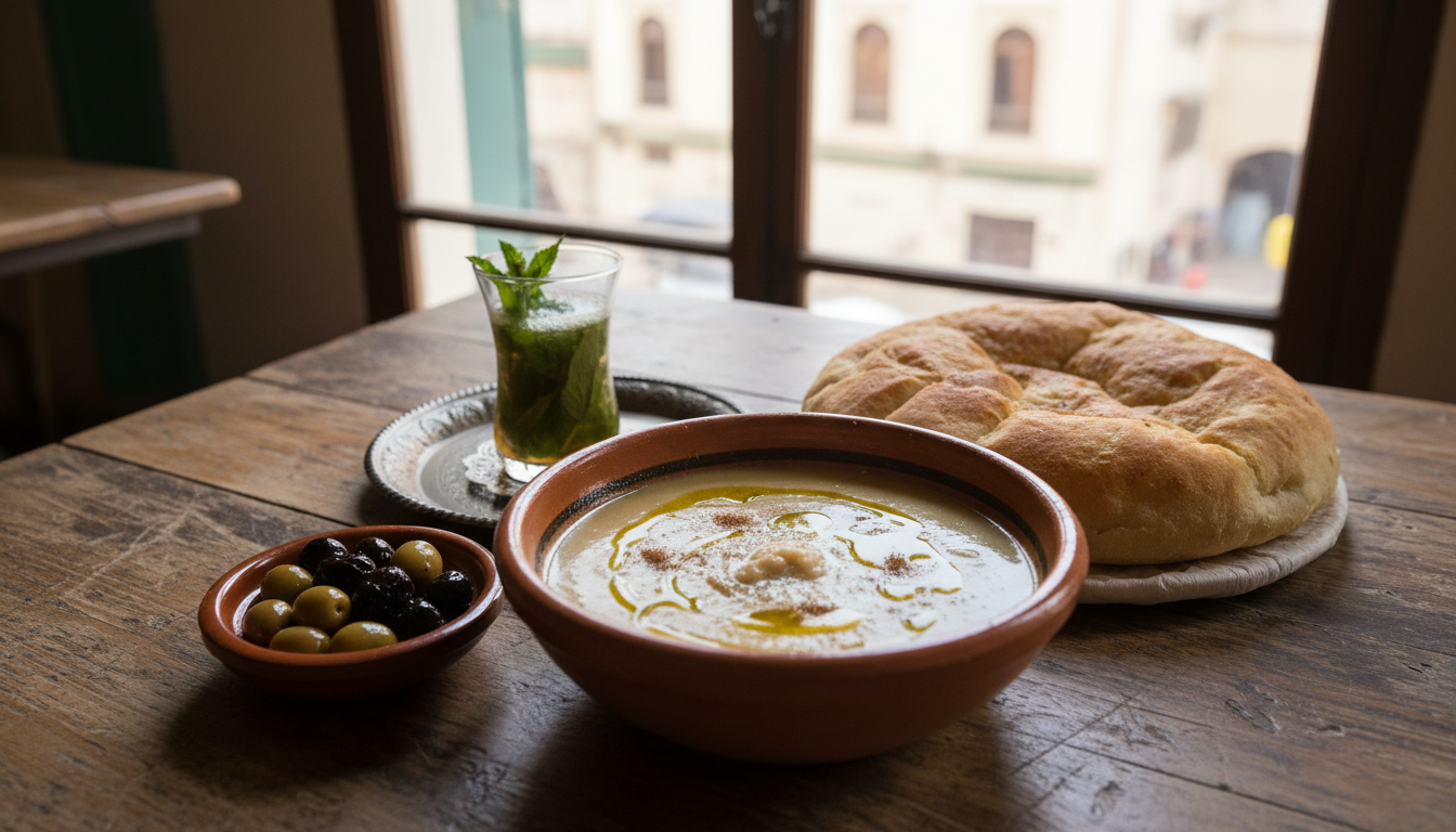 Traditional Tangier breakfast of bissara bean soup with olive oil, bread and mint tea