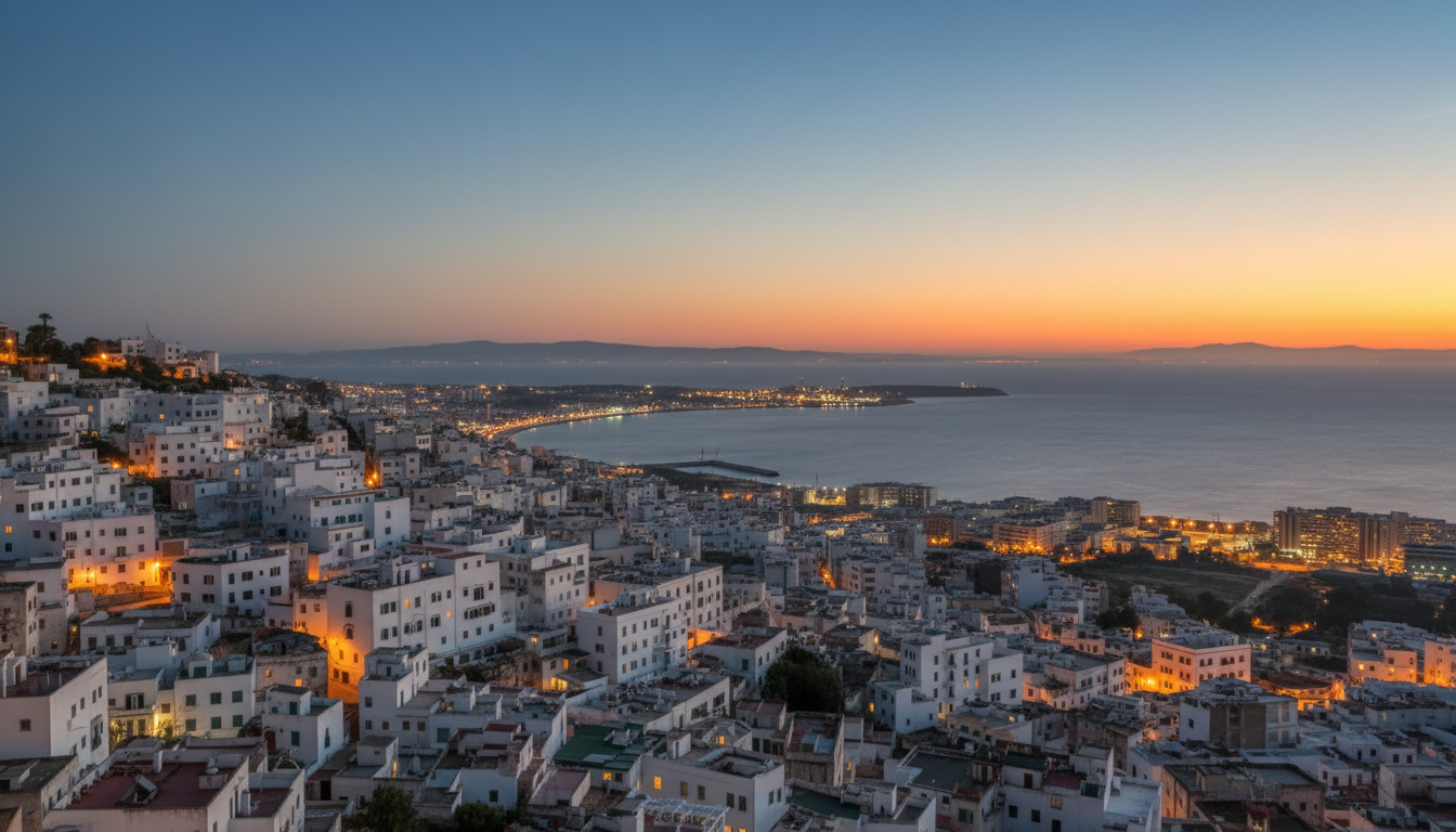 Panoramic view over Tangier and the bay at dusk, the destination from Tangier airport