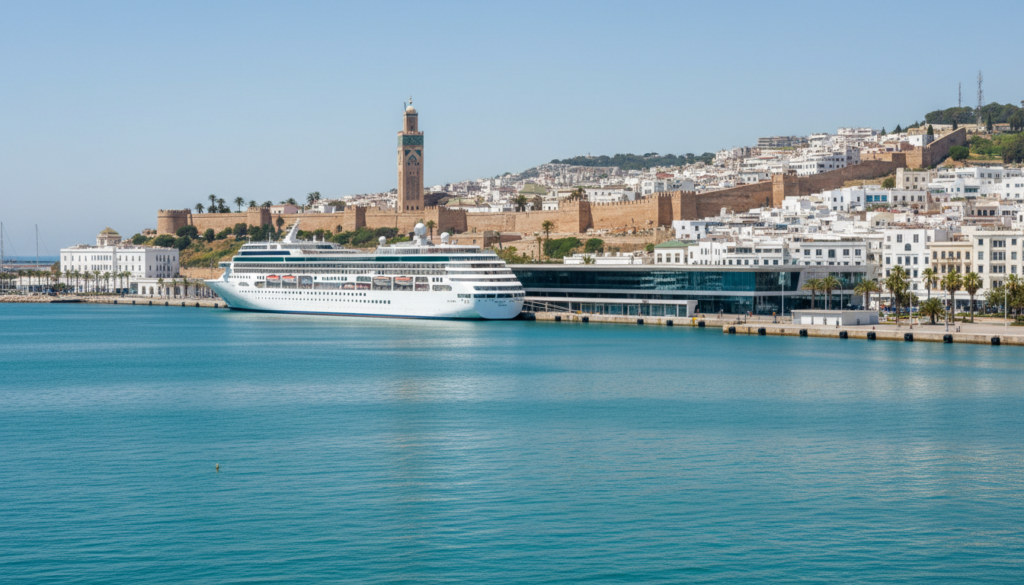 Cruise ship docked at the Tangier cruise port below the old medina walls and minaret