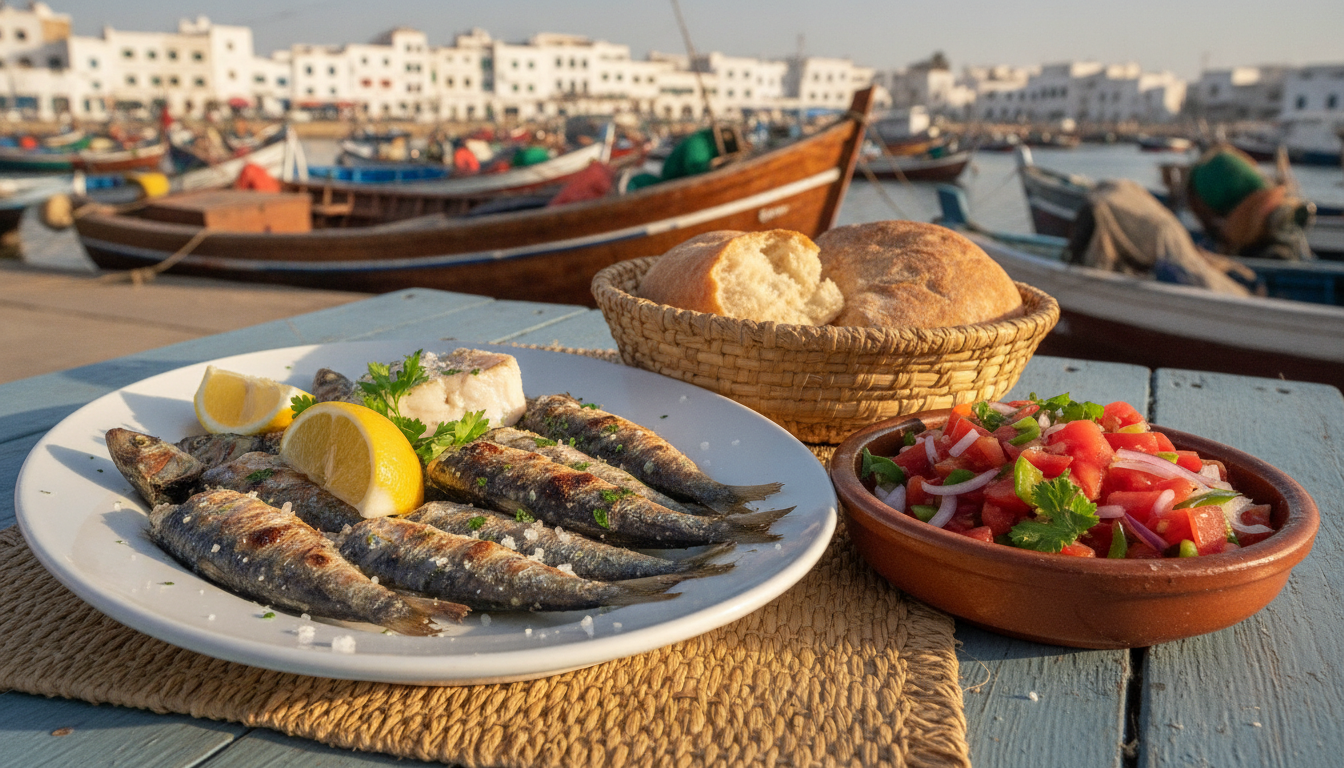 Plate of grilled sardines with tomato salad and bread by the fishing port in Tangier
