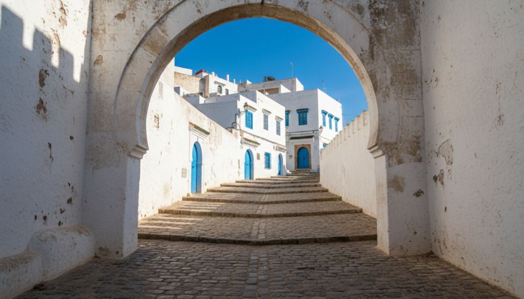 Whitewashed arched gateway and cobbled lane leading into the Tangier Kasbah