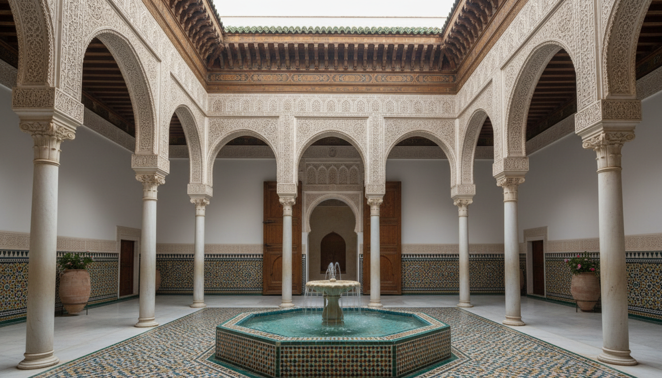 Marble columns and tiled fountain in the courtyard of the Dar el Makhzen palace, the Kasbah Museum in Tangier