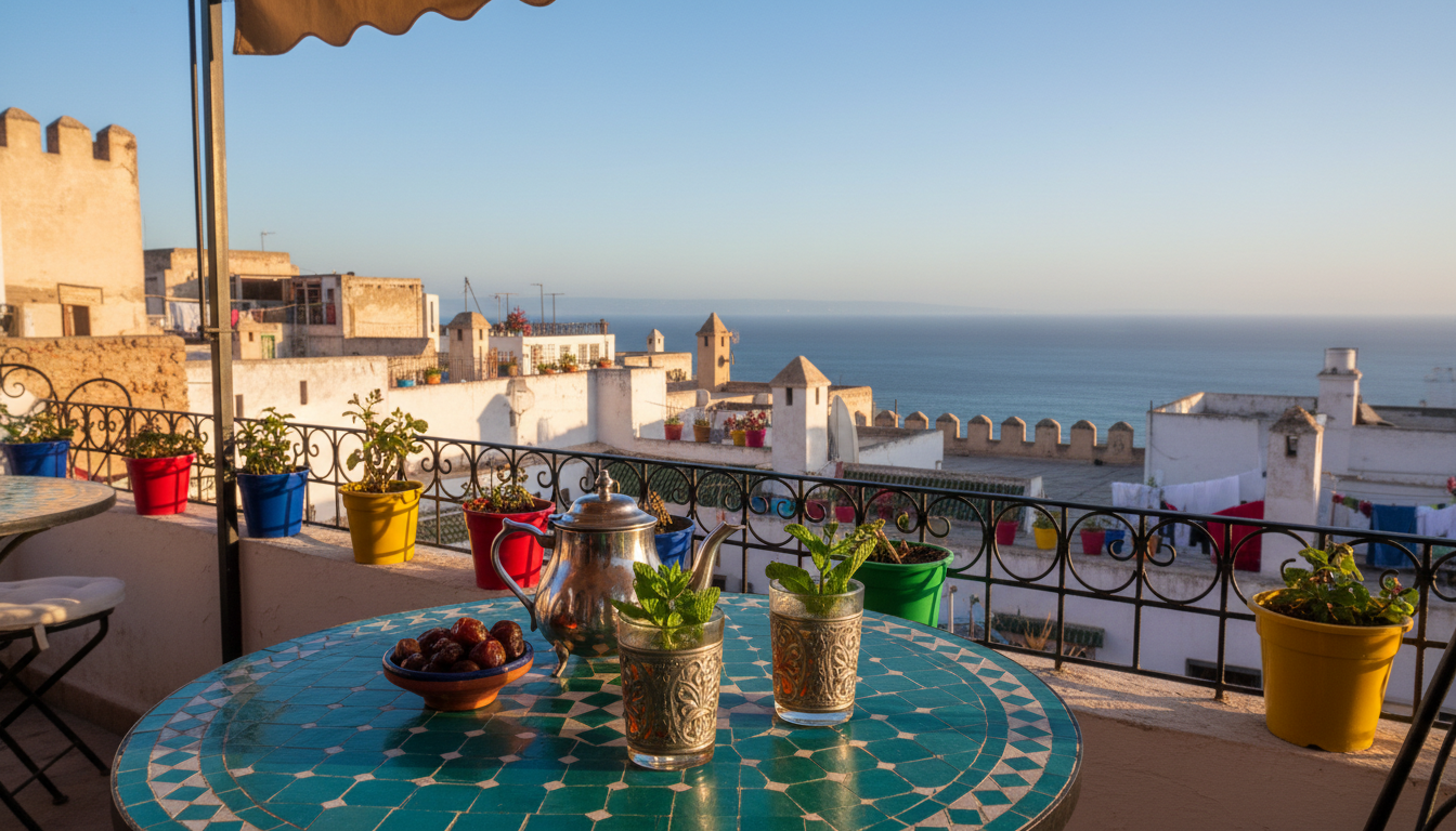 Mint tea on a terrace in the Tangier Kasbah overlooking the rooftops and the Strait of Gibraltar