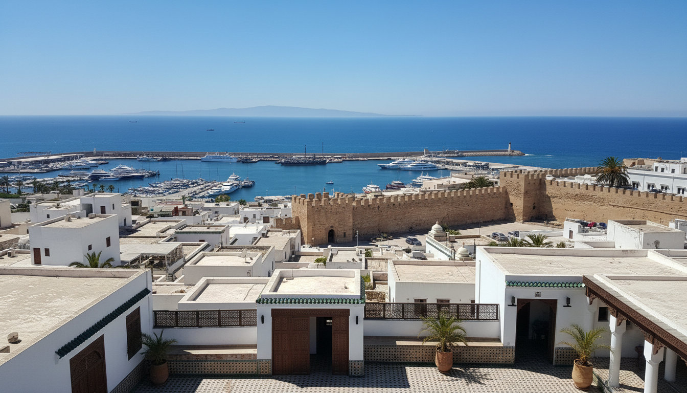 View from the Kasbah of Tangier over the rooftops, city walls and harbour to the Strait of Gibraltar