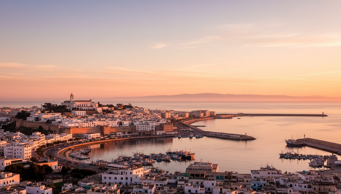 Sunrise over the Tangier medina, harbour and bay with the Spanish coast on the horizon