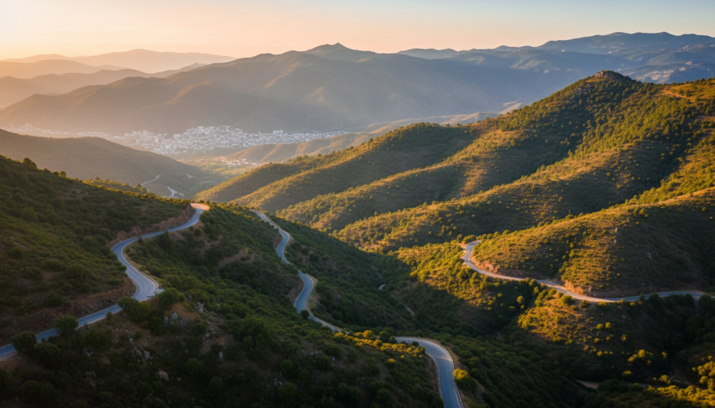 Winding mountain road from Tangier to Chefchaouen through the green ridges of the Rif at golden hour