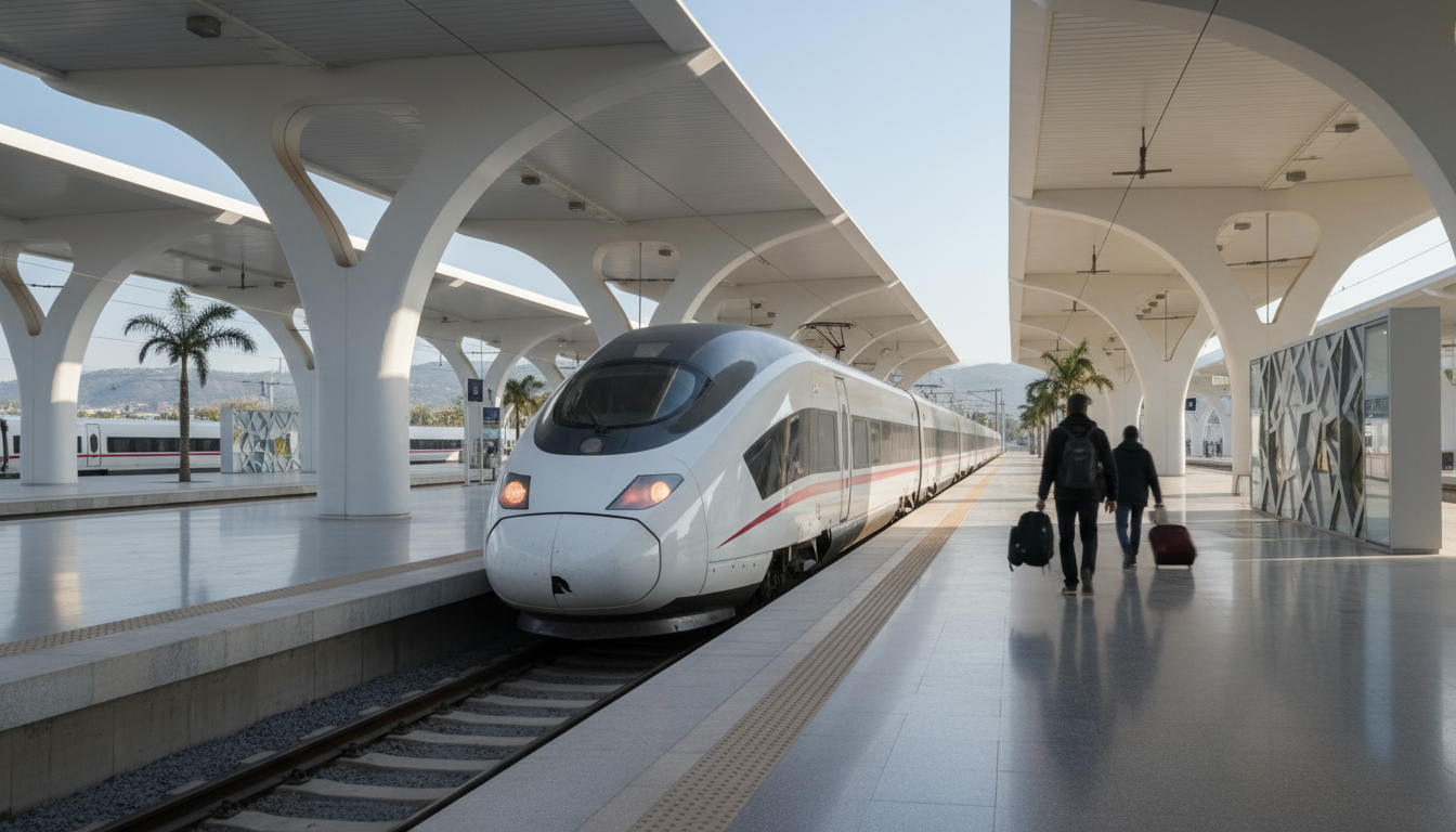 Moroccan high speed train waiting at a platform for the journey south from Tangier