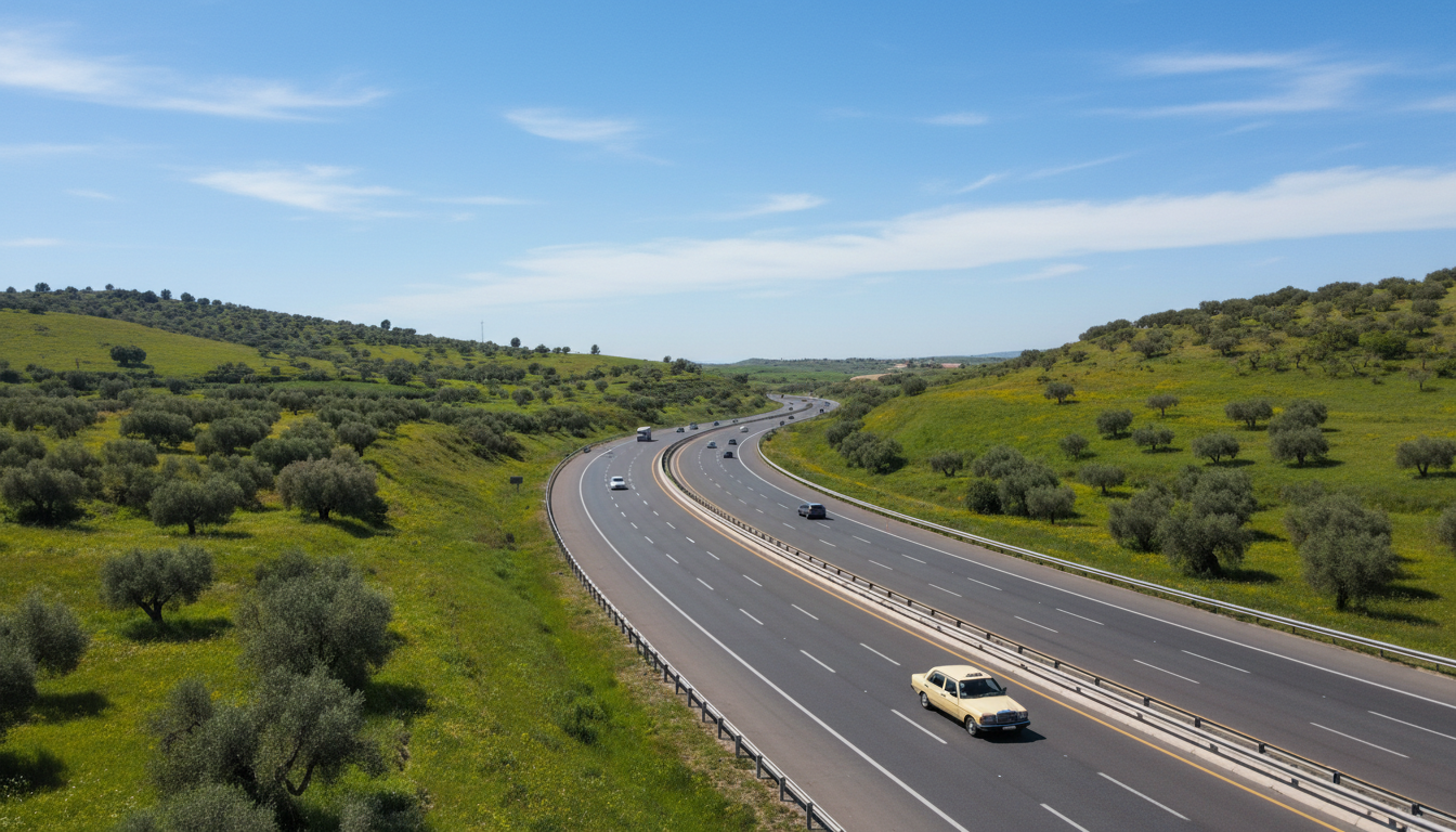 Motorway through green hills on the road from Tangier to Tetouan with a grand taxi