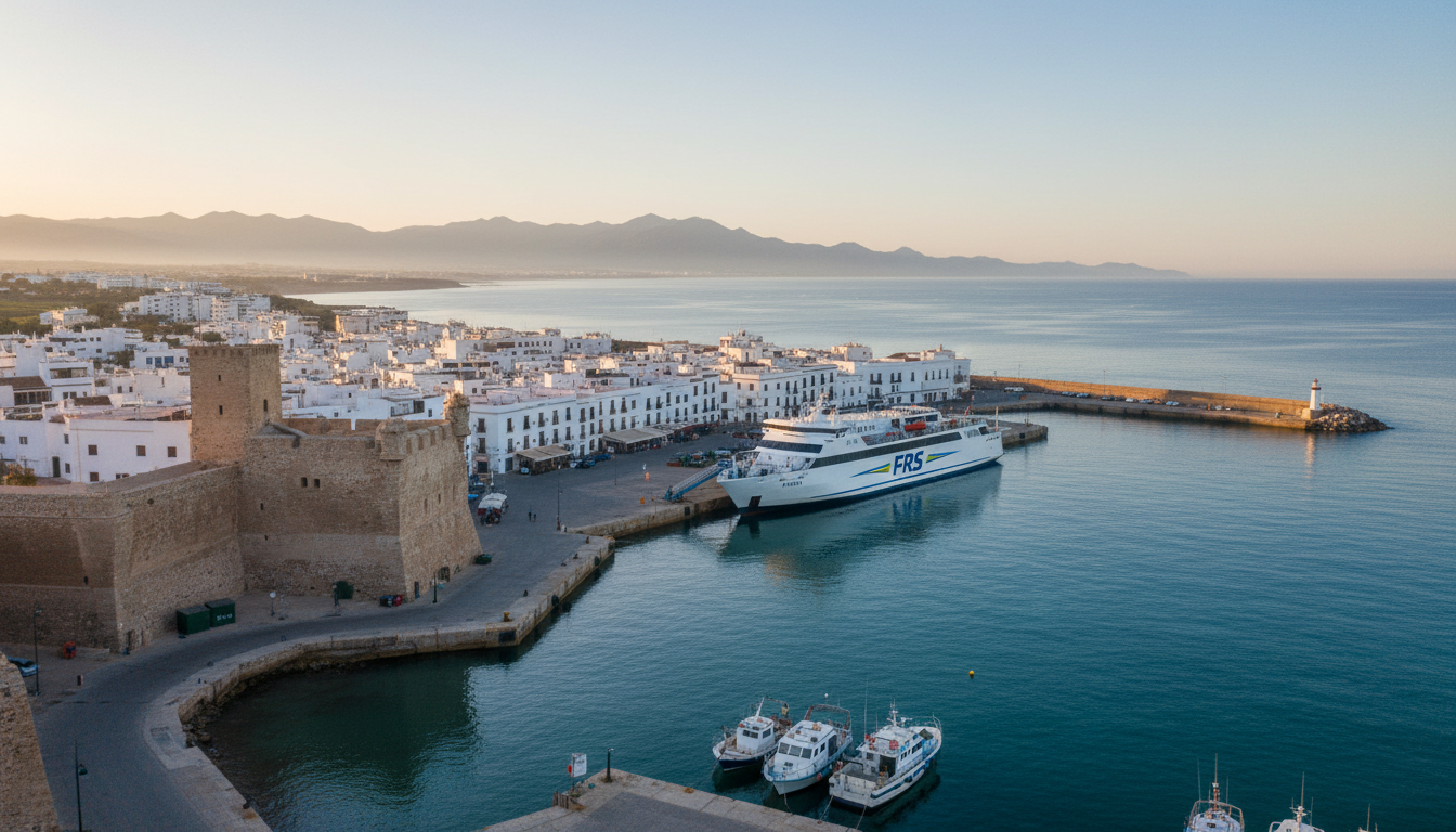 Puerto de Tarifa al amanecer con el ferry a Tánger en el muelle y Marruecos al otro lado del Estrecho